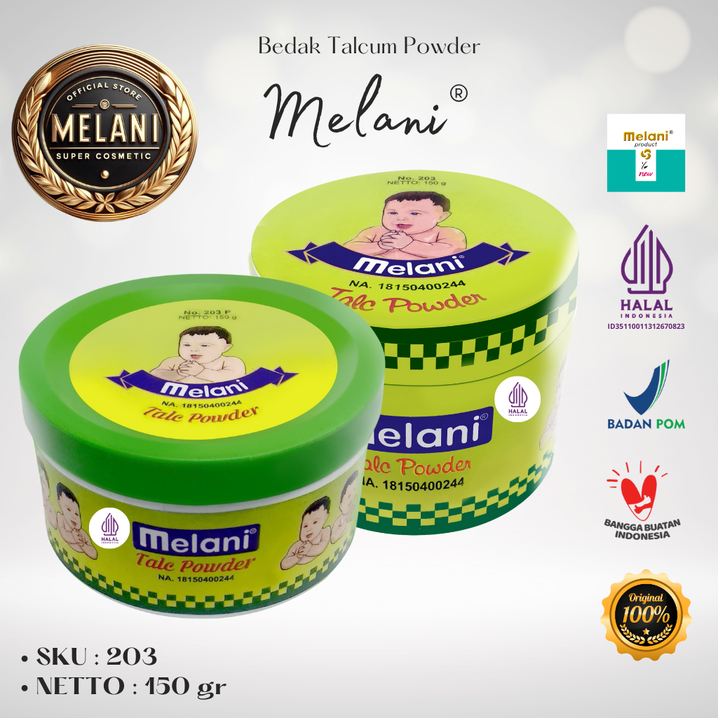 203 Melani Bedak Talcum Powder 150 gram | 2 Pilihan Kemasan - BPOM dan HALAL Terdaftar
