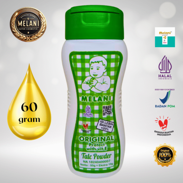 Melani Bedak Talcum Powder 60 gram Botol Plastik | 3 Pilihan Warna - BPOM dan HALAL Terdaftar - Gambar 4