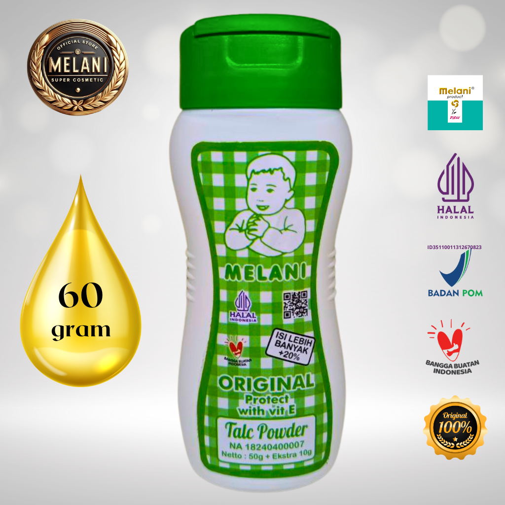 Melani Bedak Talcum Powder 60 gram Botol Plastik | 3 Pilihan Warna - BPOM dan HALAL Terdaftar - Gambar 4