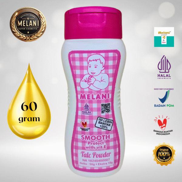 Melani Bedak Talcum Powder 60 gram Botol Plastik | 3 Pilihan Warna - BPOM dan HALAL Terdaftar - Gambar 3
