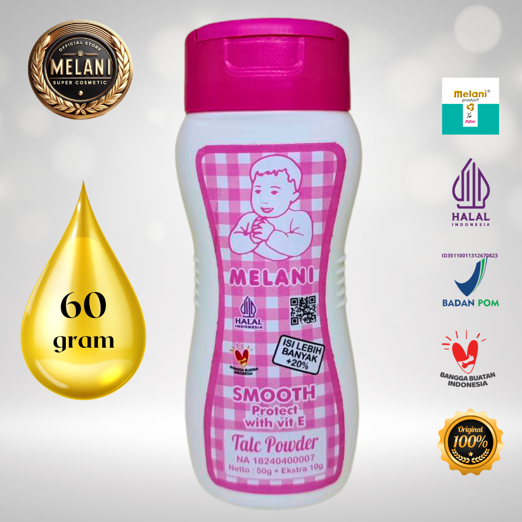 Melani Bedak Talcum Powder 60 gram Botol Plastik | 3 Pilihan Warna - BPOM dan HALAL Terdaftar - Gambar 3