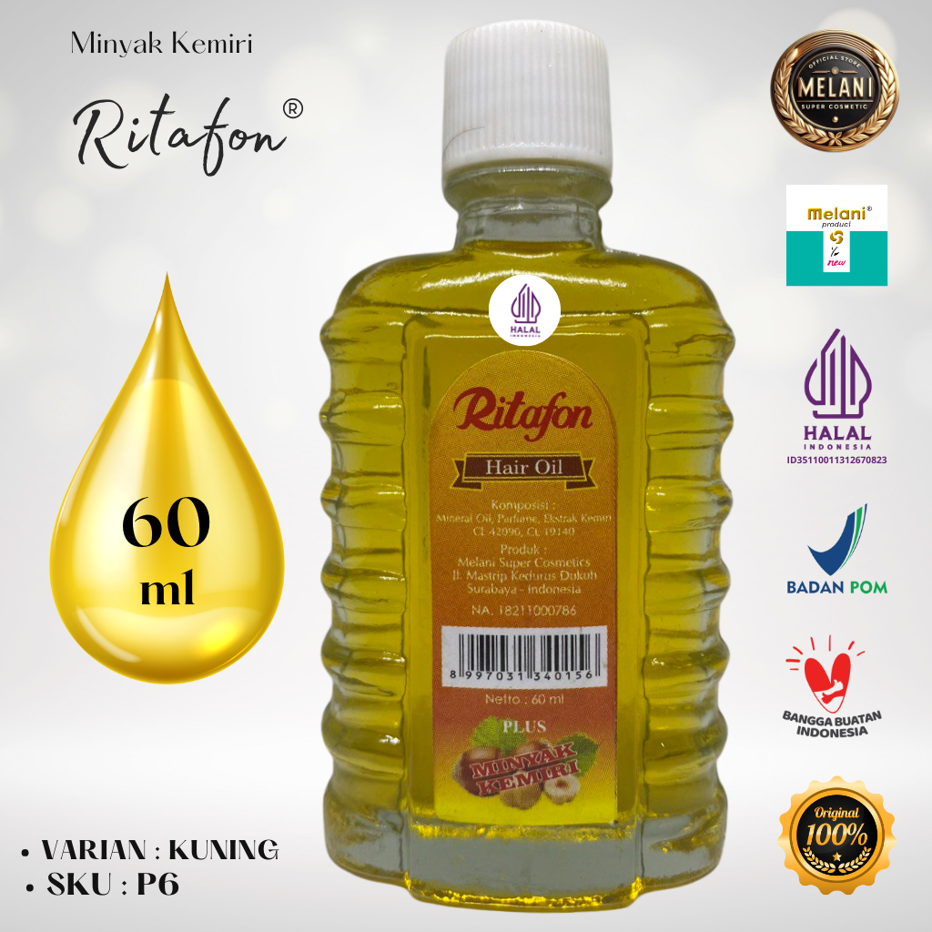 P6 / P6O Ritafon by Melani Minyak Kemiri 60 ml Botol Helen Kaca | 2 Pilihan Warna - BPOM dan HALAL Terdaftar - Gambar 3
