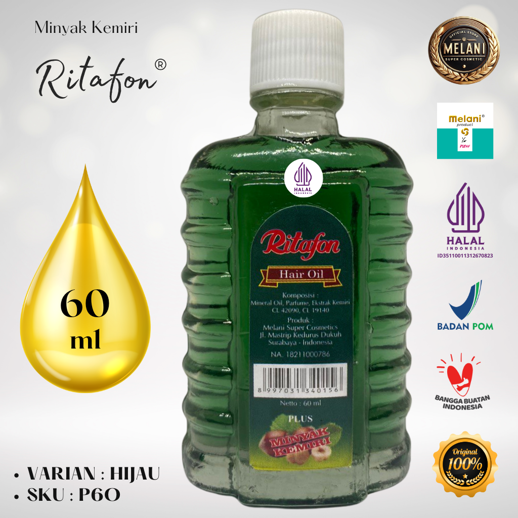 P6 / P6O Ritafon by Melani Minyak Kemiri 60 ml Botol Helen Kaca | 2 Pilihan Warna - BPOM dan HALAL Terdaftar - Gambar 2